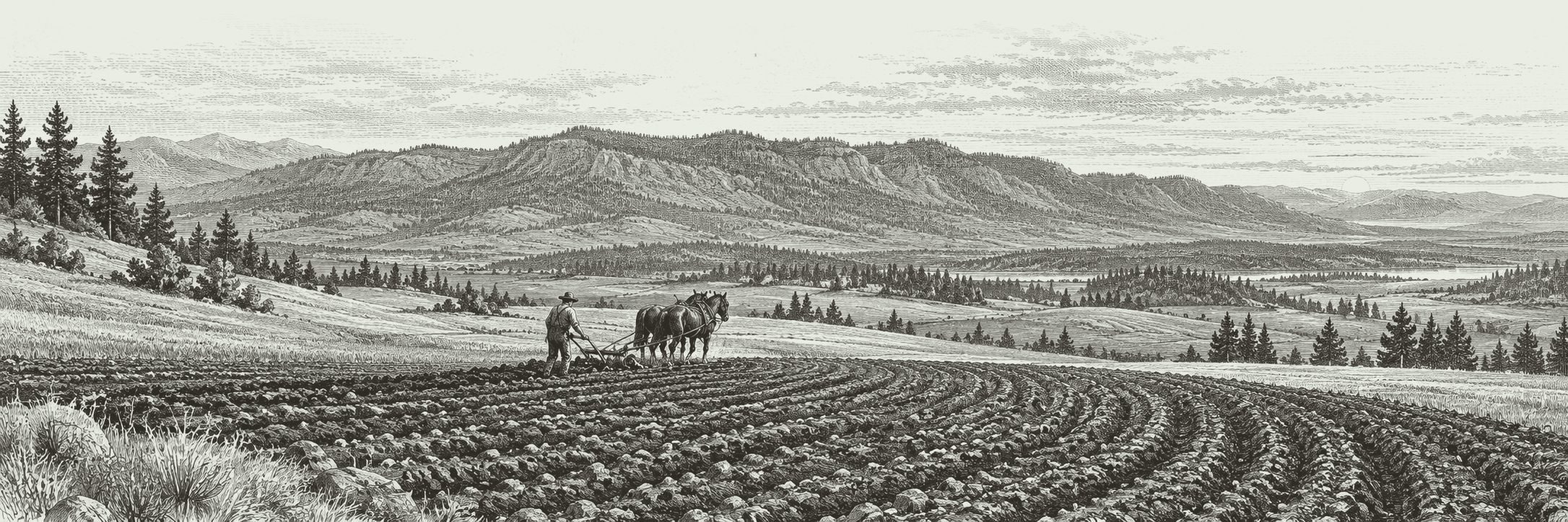 An engraving of a farmer plowing behind two horses across a hillside field, with pine trees and a long mountain ridge beyond.